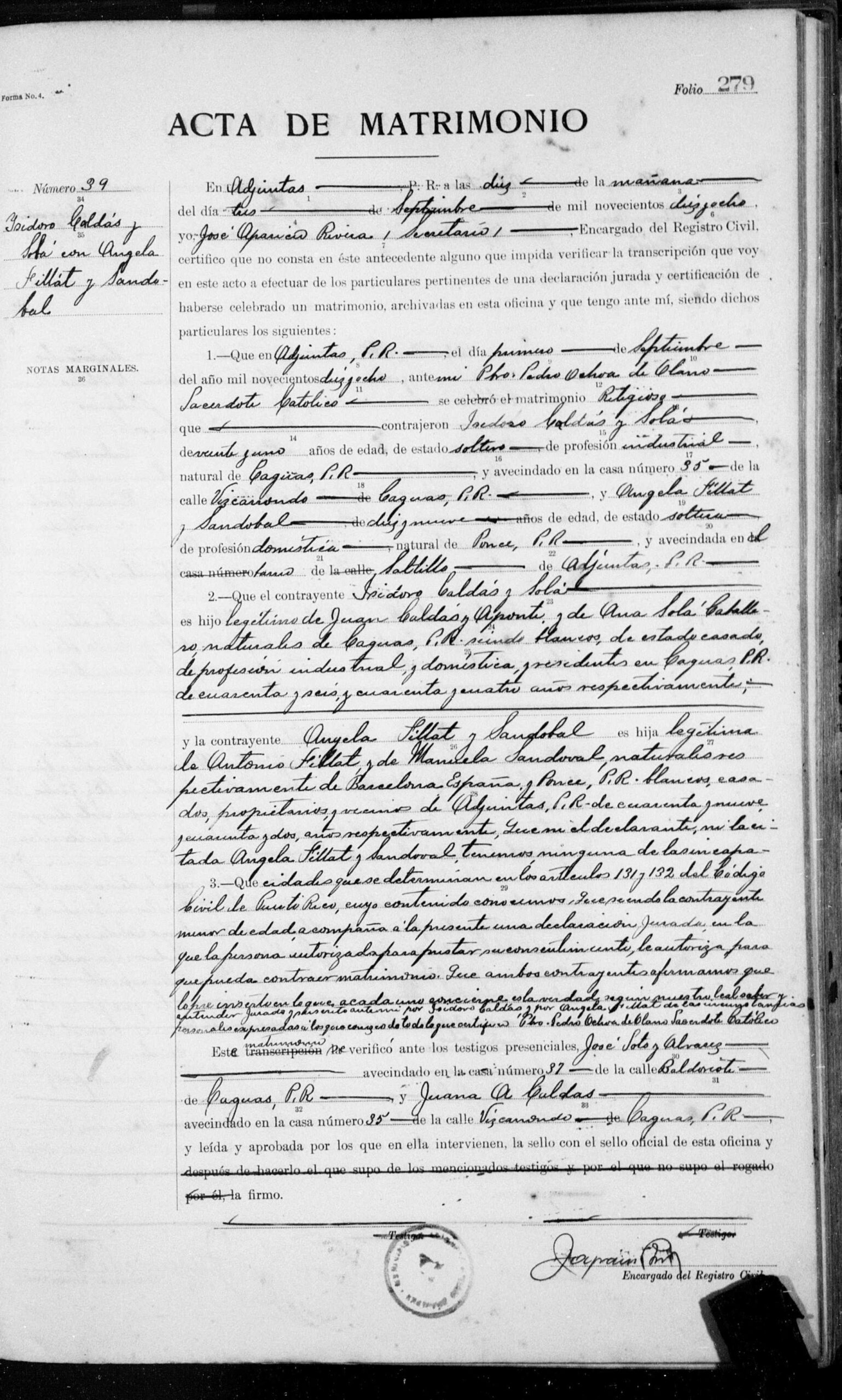 Marriage registration document for Isidoro Caldas Solá and Angela Fillat Sandoval, 1 September 1918, Caguas, Puerto RIco
